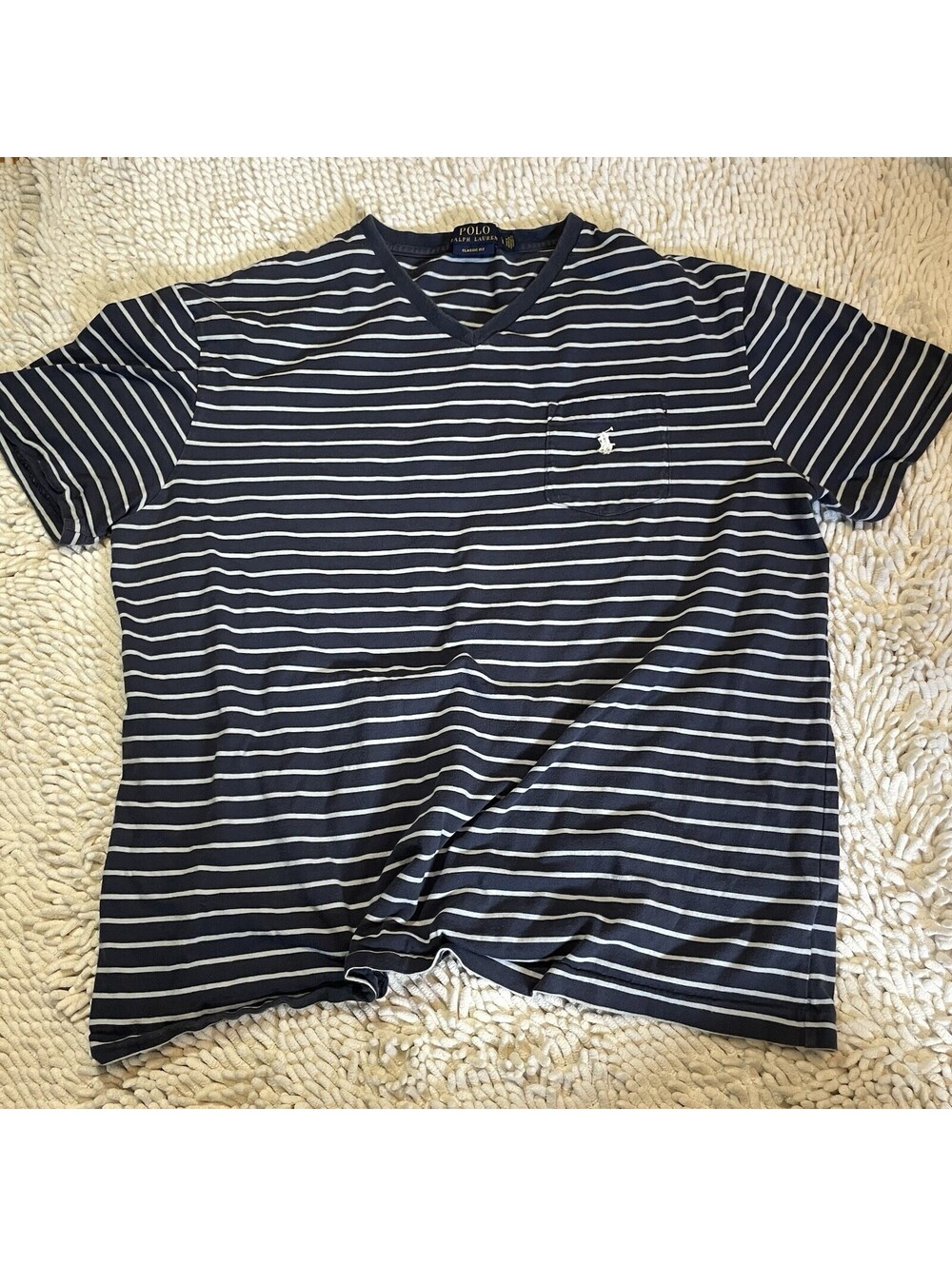 Polo Ralph Lauren T-Shirt Mens Large Blue Striped Classic Fit Pocket V-Neck Tee